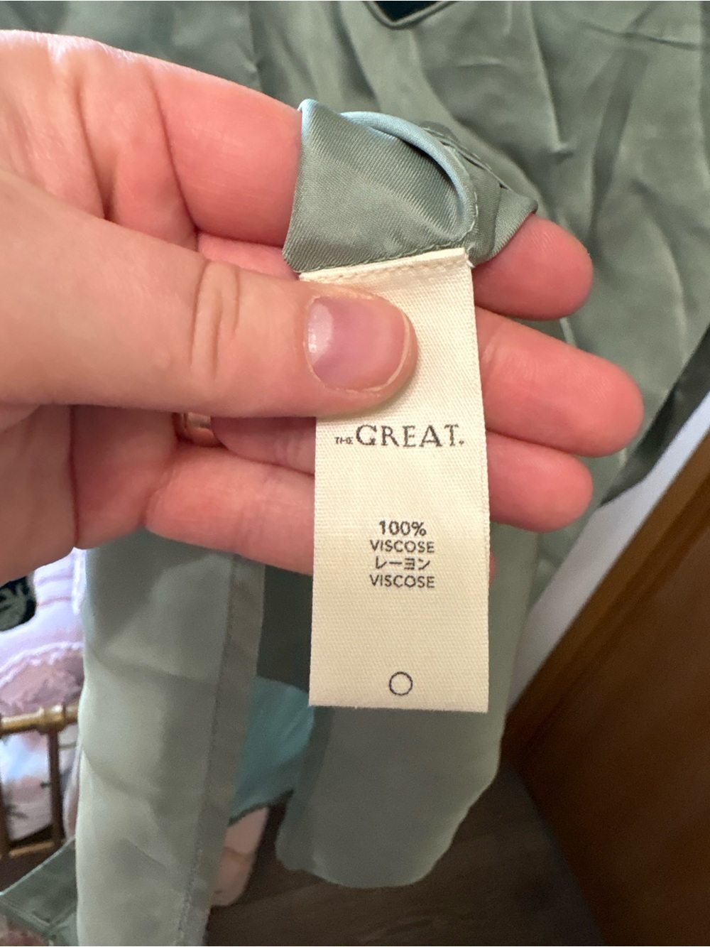 THE GREAT. Sage Green Satin Embroidered Western Heritage Shirt in Dried Sage - Picture 14 of 14